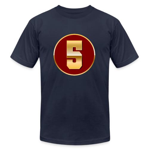 Number 5 in Gold Varsity Font - Unisex Jersey T-Shirt by Bella + Canvas
