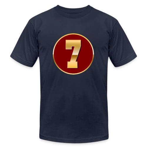 Number 7 in Gold Varsity Font - Unisex Jersey T-Shirt by Bella + Canvas
