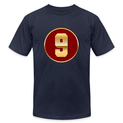 Number 9 in Gold Varsity Font - Unisex Jersey T-Shirt by Bella + Canvas
