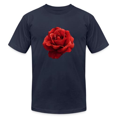 Rose: Crimson Dew Bloom - Unisex Jersey T-Shirt by Bella + Canvas