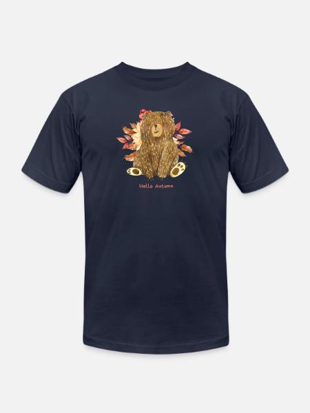 Hello Autumn with Bear - Unisex Jersey T-Shirt by Bella + Canvas - navy