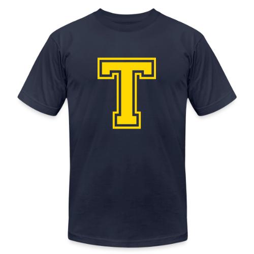 Letter T – Capital Athletic Alphabet Monogram - Unisex Jersey T-Shirt by Bella + Canvas