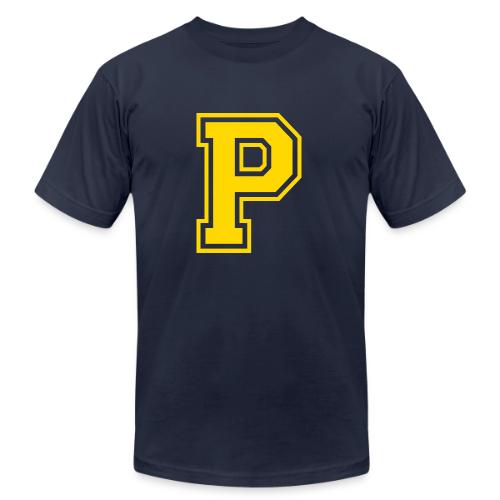 Letter P – Capital Athletic Alphabet Monogram - Unisex Jersey T-Shirt by Bella + Canvas