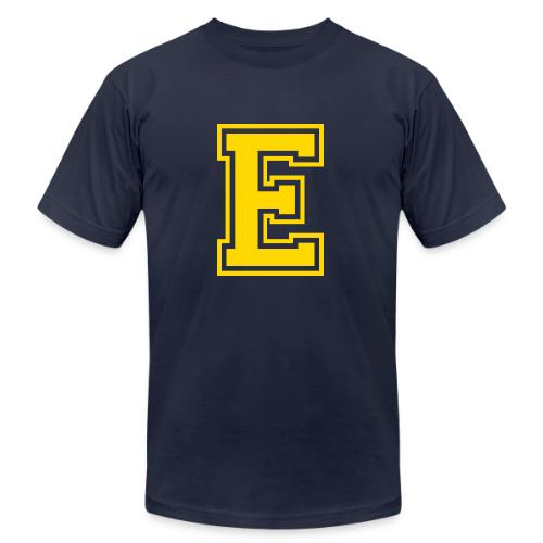Letter E – Capital Athletic Alphabet Monogram - Unisex Jersey T-Shirt by Bella + Canvas