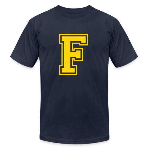 Letter F – Capital Athletic Alphabet Monogram - Unisex Jersey T-Shirt by Bella + Canvas