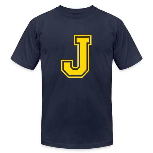 Letter J – Capital Athletic Alphabet Monogram - Unisex Jersey T-Shirt by Bella + Canvas