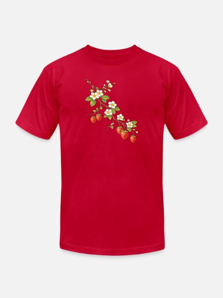 Strawberry Branch with Blossoms Illustration - Unisex Jersey T-Shirt by Bella + Canvas - red