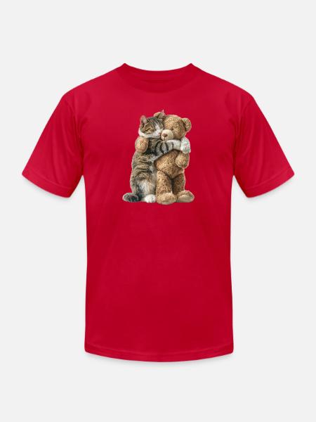 Cuddling Cat and Teddy Bear - Unisex Jersey T-Shirt by Bella + Canvas - red