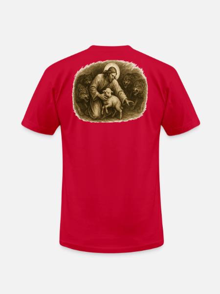 Shepherd and Lamb Among Wolves - Unisex Jersey T-Shirt by Bella + Canvas - red