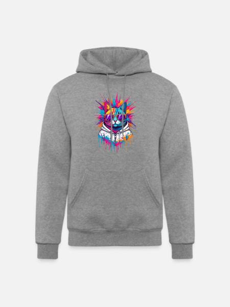 Neon Splash Cat Hoodie - Champion Unisex Powerblend Hoodie - heather gray