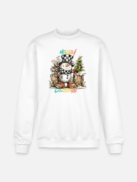 Checkerboard Snowman Christmas Tee - Champion Unisex Powerblend Sweatshirt - white