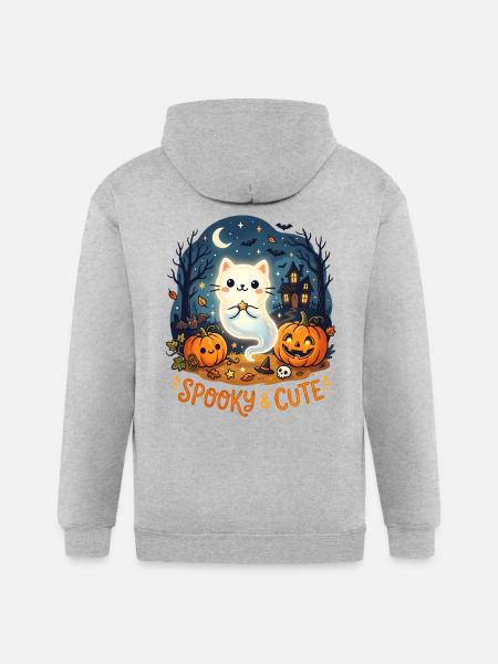 Spooky Cute Ghost Cat Halloween - Gildan Heavy Blend Adult Zip Hoodie - heather gray