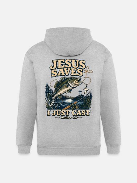 Jesus Saves I Just Cast Christian Fishing - Gildan Heavy Blend Adult Zip Hoodie - heather gray