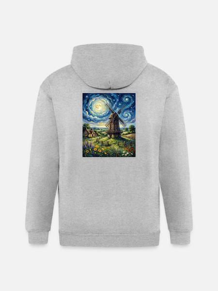 Moonlit Windmill in Bloom - Gildan Heavy Blend Adult Zip Hoodie - heather gray