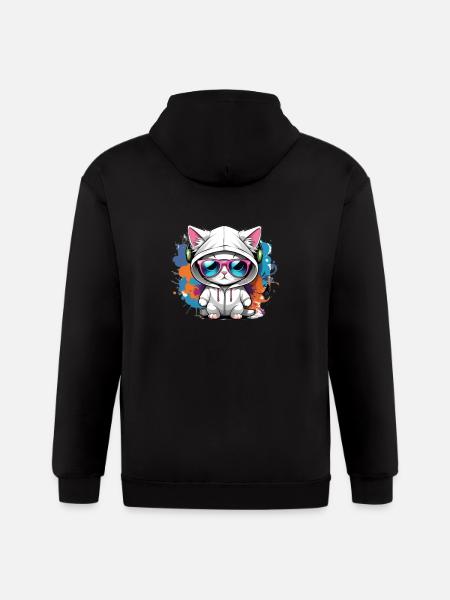 cute cat enjoying music - Gildan Heavy Blend Adult Zip Hoodie - black