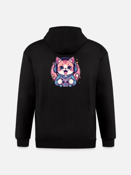 Pixel Purring Gamer Kitty - Gildan Heavy Blend Adult Zip Hoodie - black