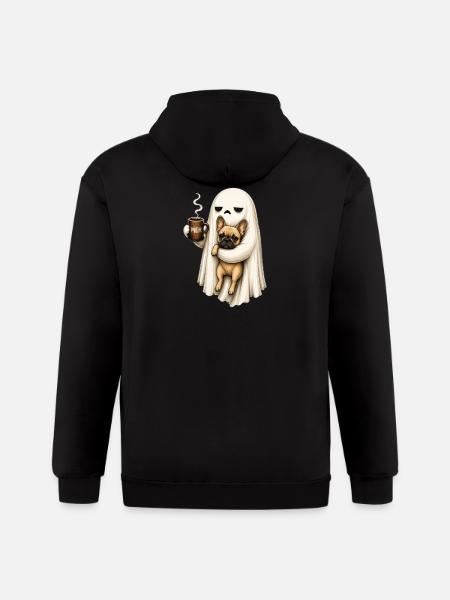 Meh Ghost Sips Coffee with Pug - Gildan Heavy Blend Adult Zip Hoodie - black