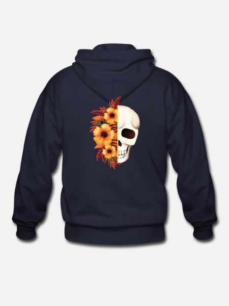 Floral Skull Split - Gildan Heavy Blend Adult Zip Hoodie - navy