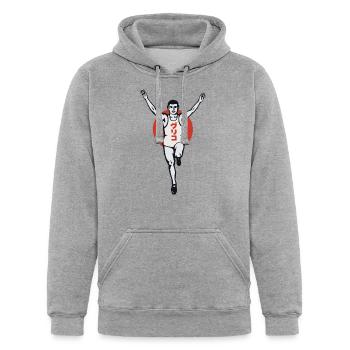 Glico Man - Unisex Heavyweight Hoodie - heather gray - Front - AI Model Male 185 dark (185cm) & AI Model Female 180 light (180cm)