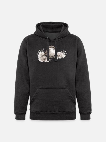 Small Bird in Bloom – Monochrome Woodland - Unisex Heavyweight Hoodie -