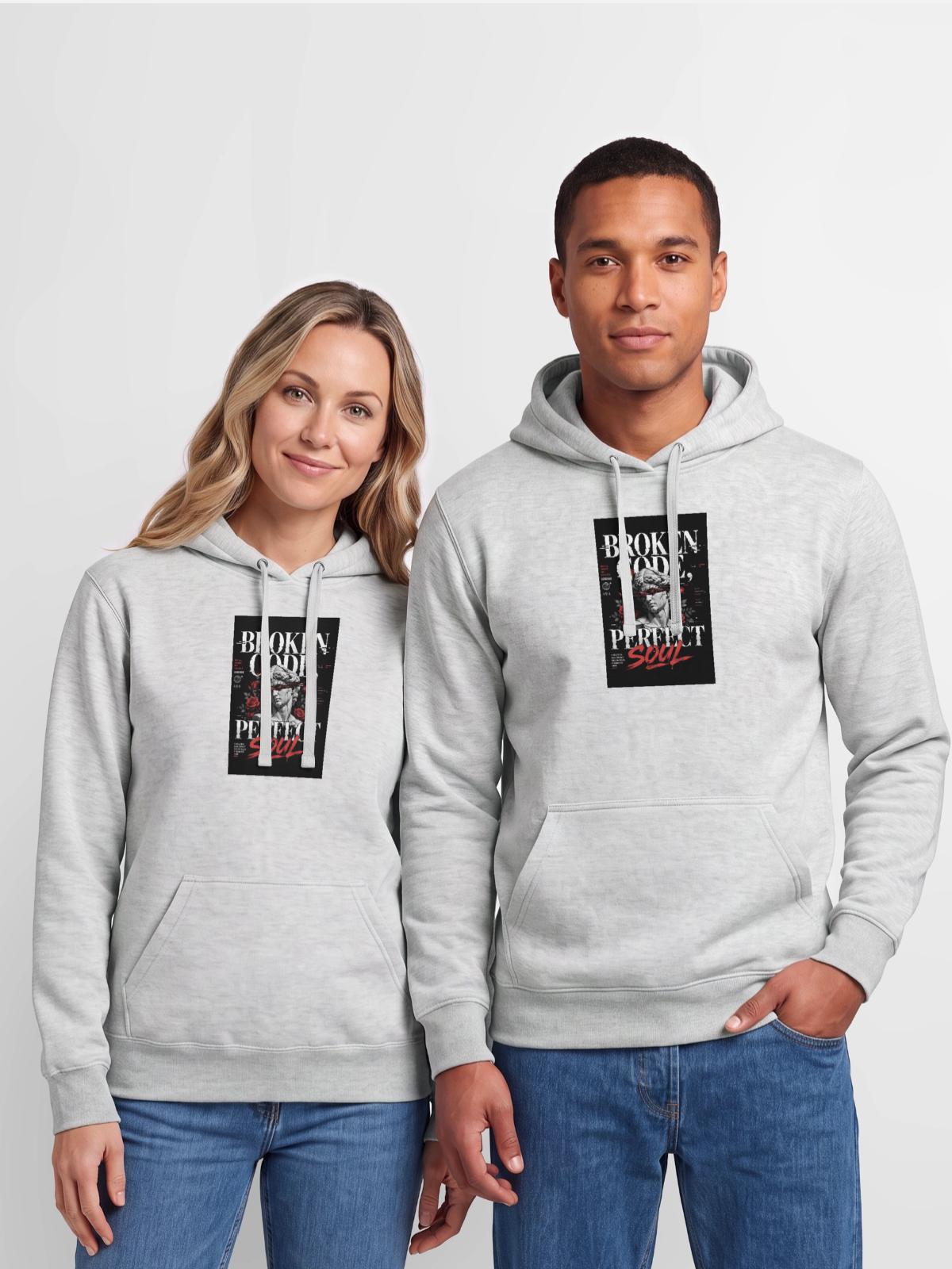Broken Code, Perfect Soul - Unisex Heavyweight Hoodie - ash gray - Front - AI Model Male 178 dark (178cm) & AI Model Female 180 light (180cm)