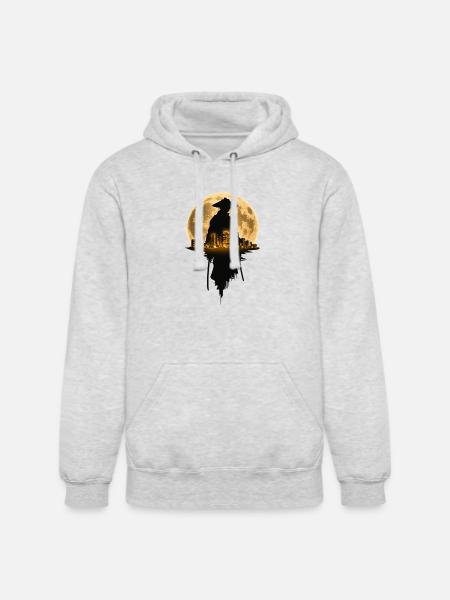 Moonlit Samurai Cityscape - Unisex Heavyweight Hoodie - ash gray