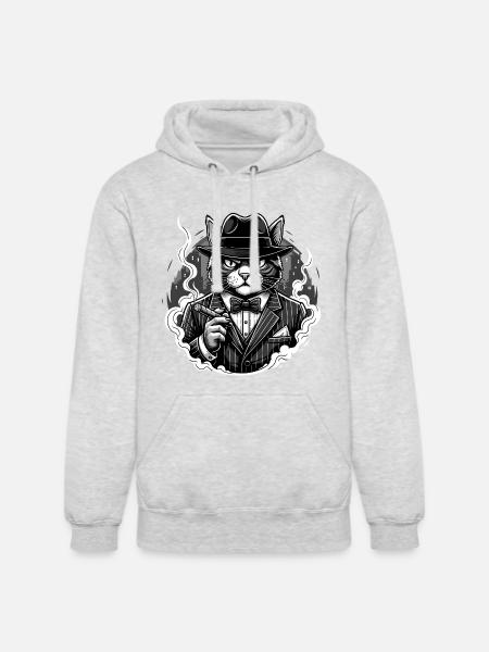 Noir Cat Gangster in Suit - Unisex Heavyweight Hoodie - ash gray