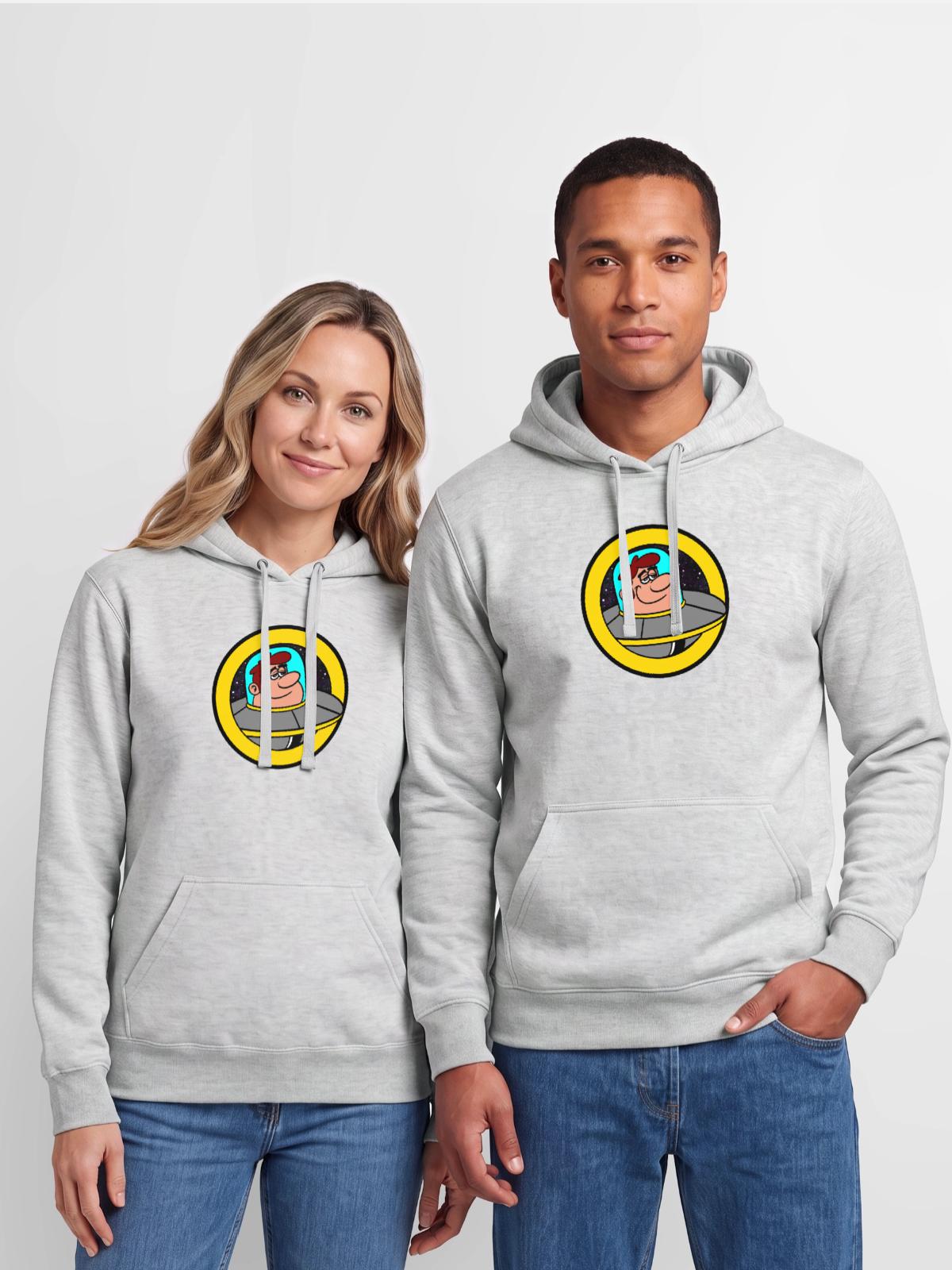 explore_space - Unisex Heavyweight Hoodie - ash gray - Front - AI Model Male 178 dark (178cm) & AI Model Female 180 light (180cm)