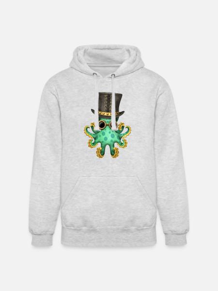 Steampunk Green Octopus - Unisex Heavyweight Hoodie - ash gray