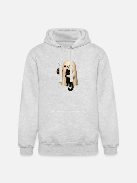 Meh Ghost and Cat Mug - Unisex Heavyweight Hoodie - ash gray