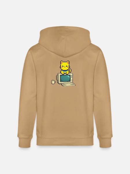 Pixel Cat on Retro Computer - Stanley/Stella Cultivator Organic Zip Hoodie -