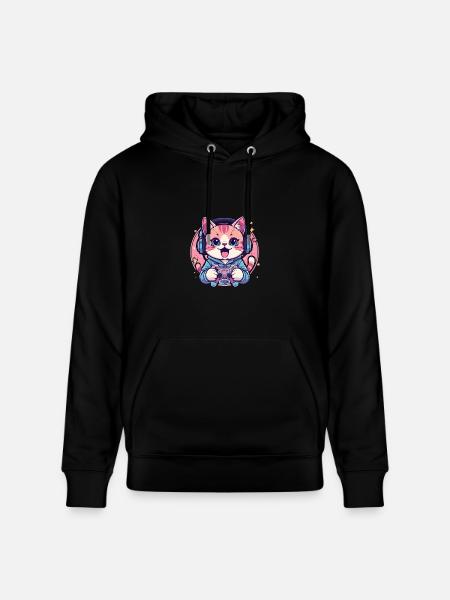 Pixel Purring Gamer Kitty - Heavyweight Unisex Hoodie CRUISER by Stanley/Stella - black