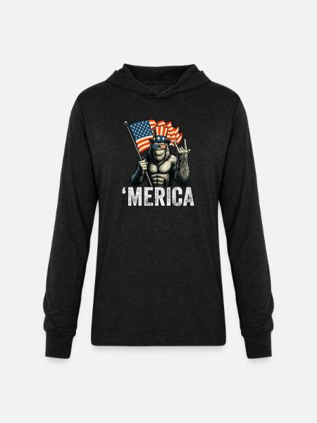 Bigfoot Merica Rock American Flag - Unisex Long Sleeve Hoodie Shirt - heather black