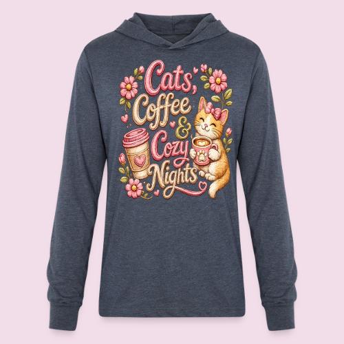 Cats, Coffee & Cozy Nights Faux Stitched Design - Unisex Long Sleeve Hoodie Shirt