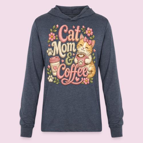Cat Mom & Coffee Faux Stitched Cat Lover Design - Unisex Long Sleeve Hoodie Shirt