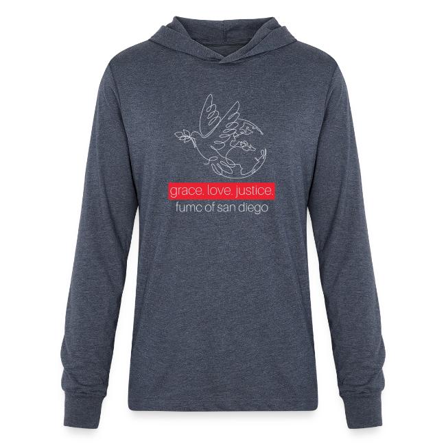 Grace. Love. Justice.- dove and earth graphic
