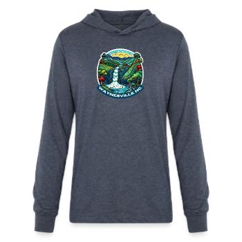 Smoky Mountain Waterfall Inspired By Van Gogh - Unisex Long Sleeve Hoodie Shirt - heather navy - Front - AI Model Female 172 light (172cm) & AI Model Male 178 light (178cm)