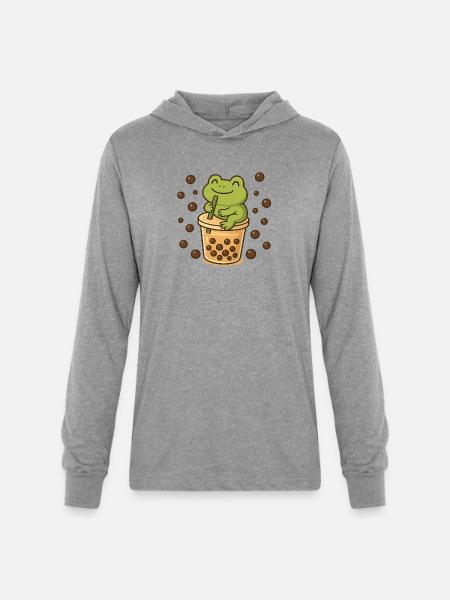 Frog Sipping Boba - Unisex Long Sleeve Hoodie Shirt - heather grey