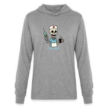 Dead Tired - Funny Nurse Skeleton Drinking Coffee - Unisex Long Sleeve Hoodie Shirt - heather grey - Front - AI Model Female 172 light (172cm) & AI Model Male 178 light (178cm)