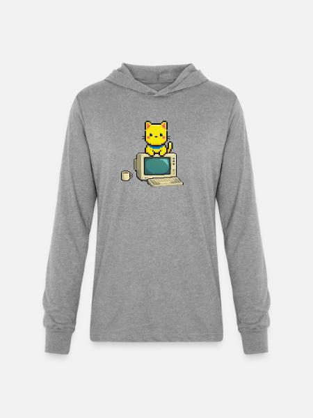 Pixel Cat on Retro Computer - Unisex Long Sleeve Hoodie Shirt - heather grey