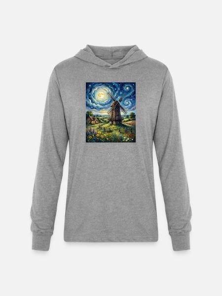 Moonlit Windmill in Bloom - Unisex Long Sleeve Hoodie Shirt - heather grey