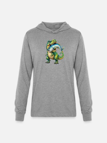 Cretaceous Catch: Dino with Fish - Unisex Long Sleeve Hoodie Shirt - heather grey