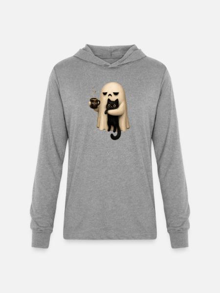 Meh Ghost and Cat Mug - Unisex Long Sleeve Hoodie Shirt - heather grey