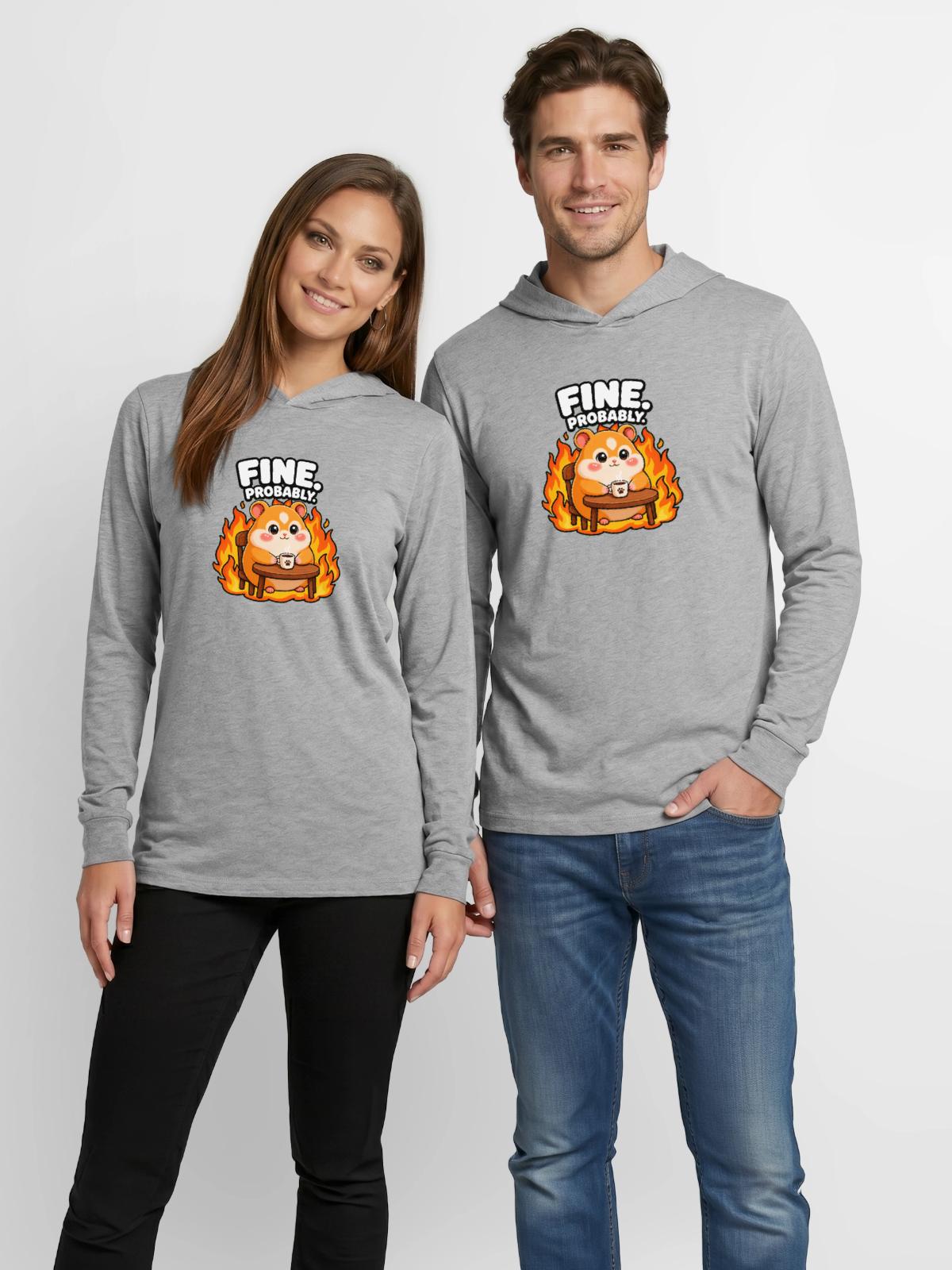 Fine. Probably - Unisex Long Sleeve Hoodie Shirt - heather grey - Front - AI Model Female 172 light (172cm) & AI Model Male 178 light (178cm)