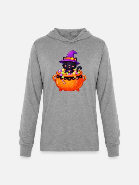 Whiskered Witch in Cauldron - Unisex Long Sleeve Hoodie Shirt - heather grey