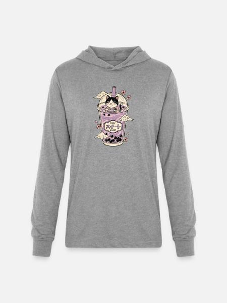 Lavender Boba Cat - Unisex Long Sleeve Hoodie Shirt - heather grey