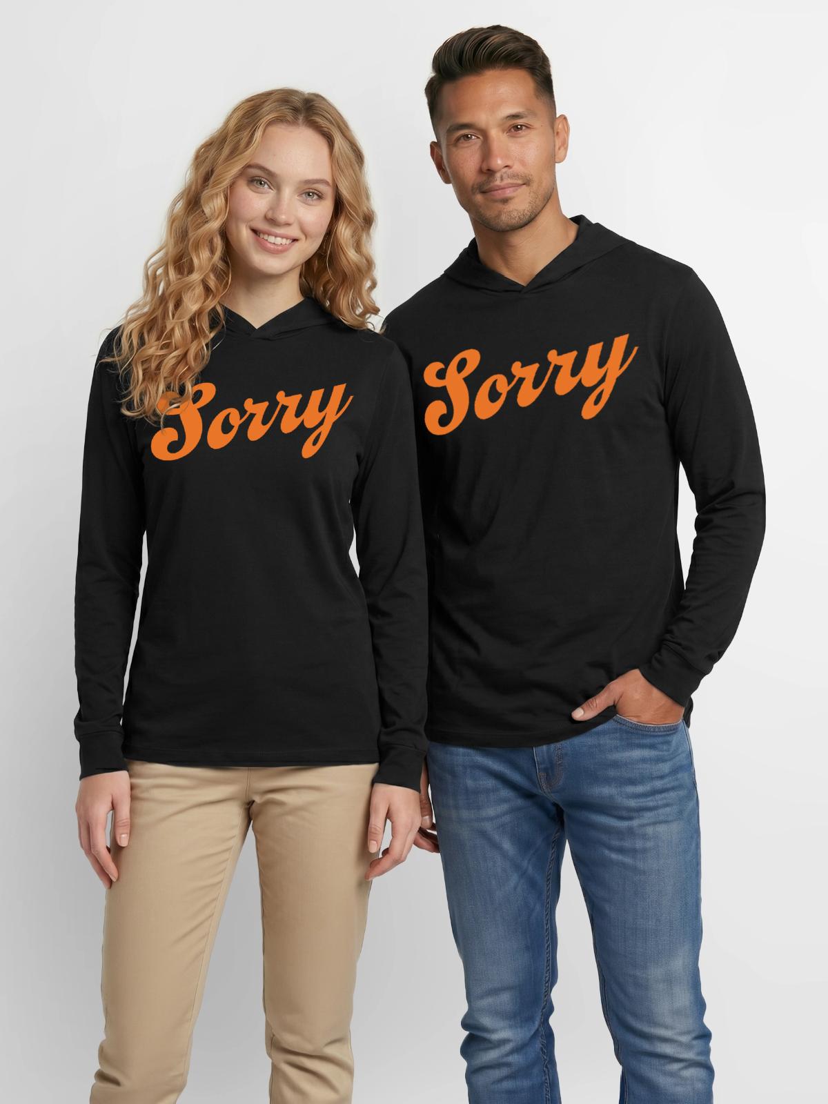 Sorry - Unisex Long Sleeve Hoodie Shirt - black - Front - AI Model Female 172 light (172cm) & AI Model Male 178 dark (178cm)