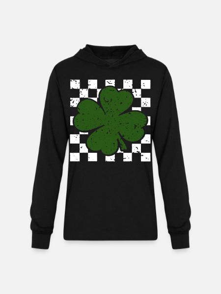 Emerald FourLeaf Clover on Checkerboard - Unisex Long Sleeve Hoodie Shirt - black