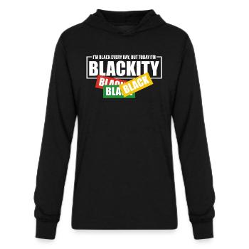 I'm Black Everyday But Today I'm Blackity Black - Unisex Long Sleeve Hoodie Shirt - black - Front - AI Model Female 172 light (172cm) & AI Model Male 178 dark (178cm)