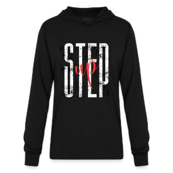 STEP UP - Unisex Long Sleeve Hoodie Shirt - black - Front - AI Model Female 172 light (172cm) & AI Model Male 178 dark (178cm)